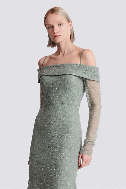 Mint Kayık Yaka Işıltılı Abiye Elbise